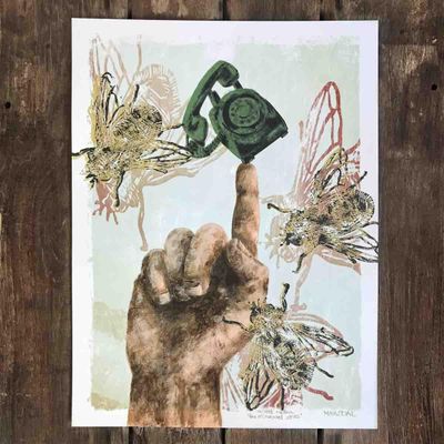 Når flua ringer, mixed media 30x40 cm