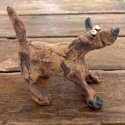 Mini hund, skulptur keramikk 13 cm lang