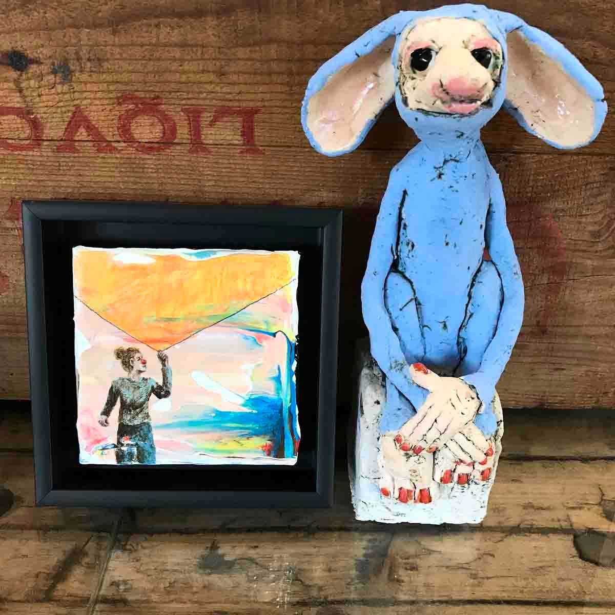 The curious clown, 10x10 cm maleri