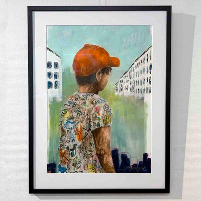 Nabogutten, mixed media 87x66 cm INNRAMMET