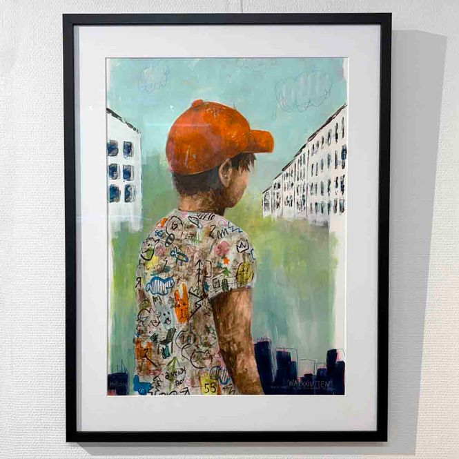 Hovedbilde Nabogutten, mixed media 87x66 cm INNRAMMET