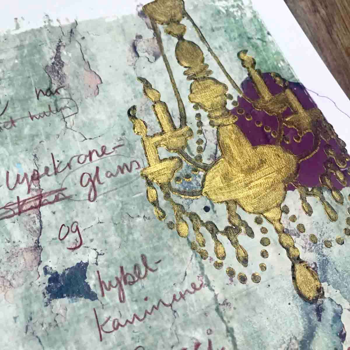 Gull-lysekrone-glans, mixed media 30x40 cm